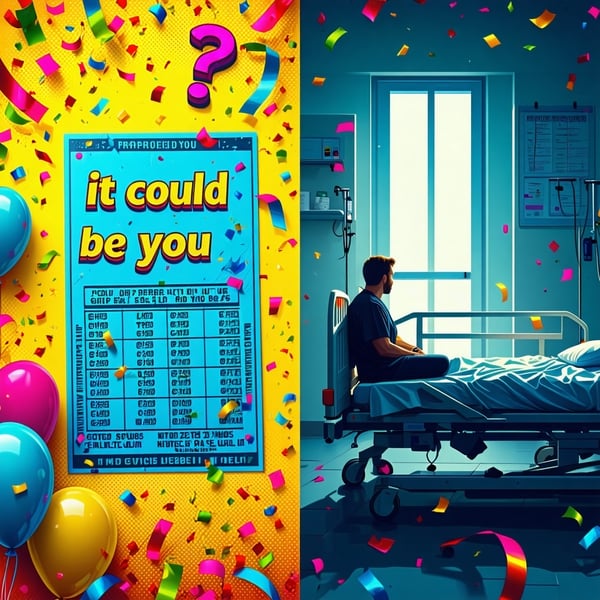 The image depicts a split scene illustrating the contrasting themes of chance and preparedness On the left a vibrant colorful depiction of a lottery ticket with bold hopeful text reading It Could Be You is surrounded by confetti and party balloons ca-1